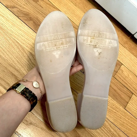 ✨ MELISSA ✨ Cream And Gold Glitter Bow Jelly D’Orsay Flats Size US 9 - Picture 9 of 11